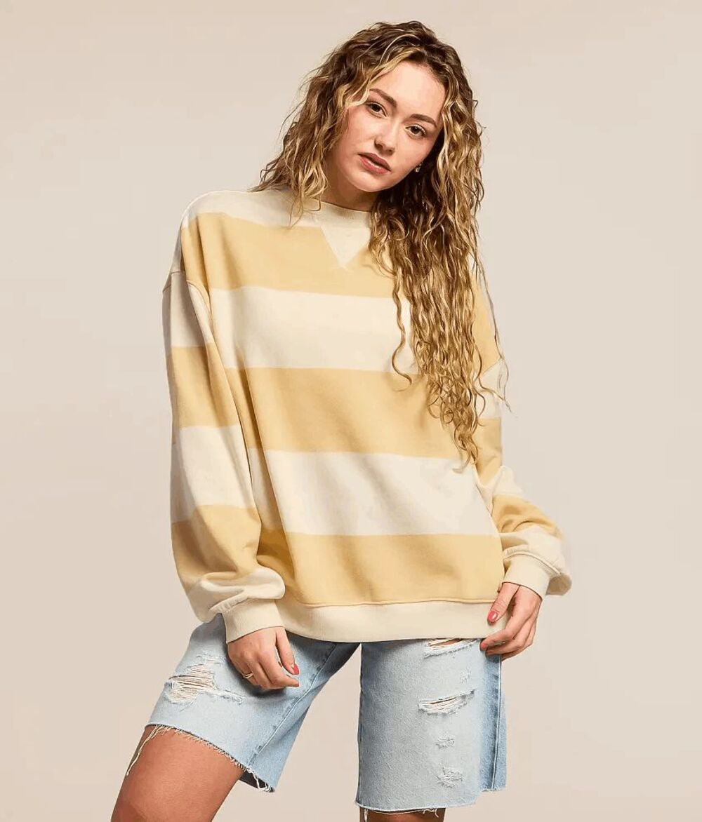 Free People Apricot Yellow Striped Classic Pullover Sweatshirt Women's Medium